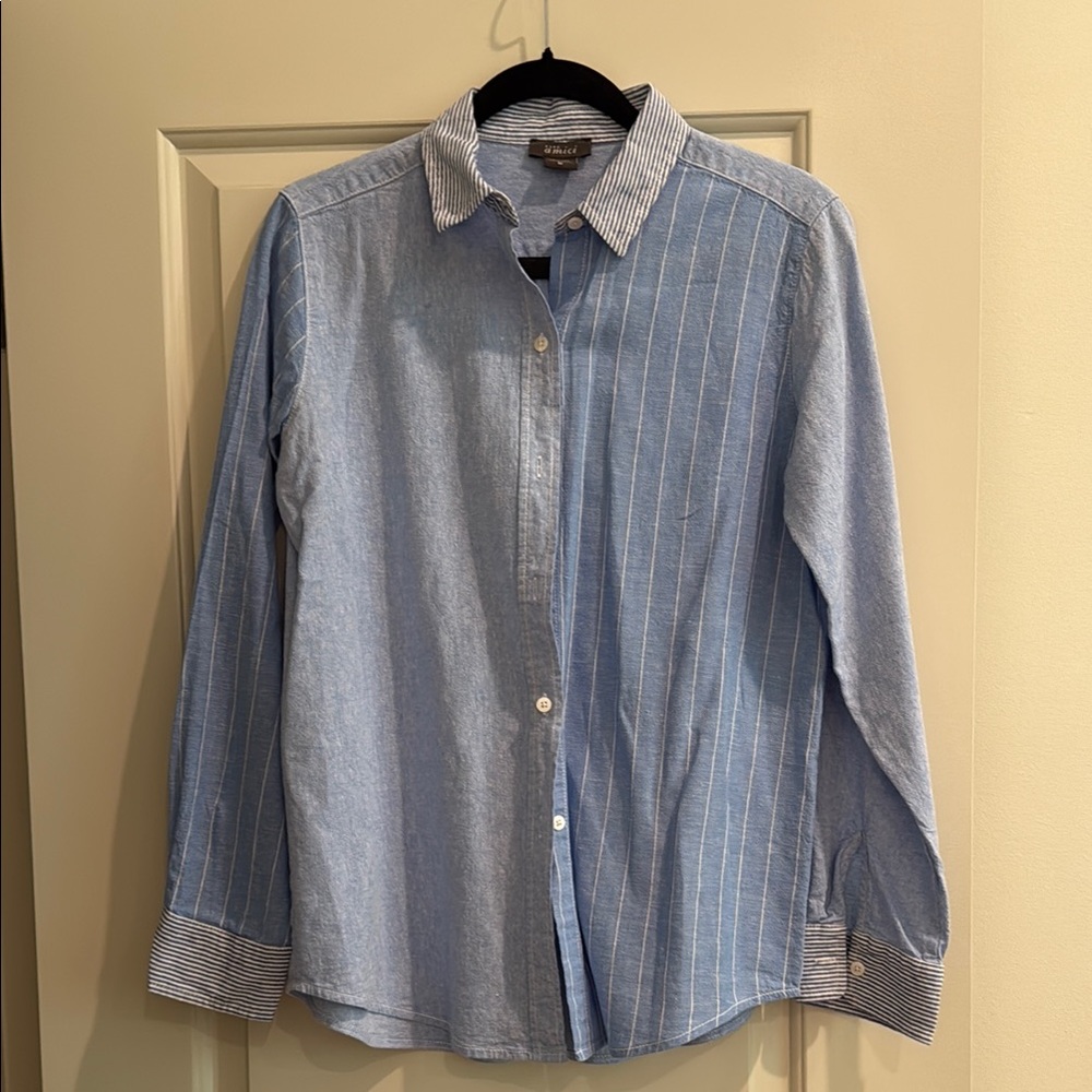 Pure Amici mixed pattern button down. Cotton linen blend.